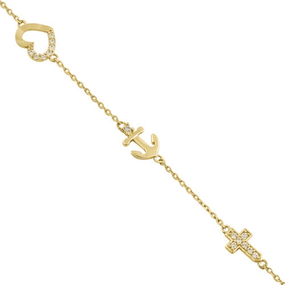 Solid 14K Yellow Gold CZ Heart, Anchor, and Cross Charm Bracelet - Picture 4 of 4